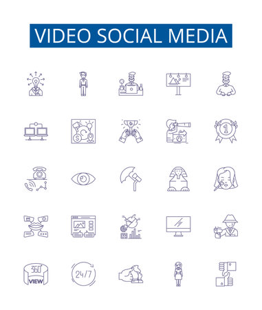 Video social media line icons signs set. Design collection of Vlogging, Streaming, StreamingLive, VideoSharing, Videoconferencing, Collaboration, Networking, Connecting outline concept vector illustrationsのイラスト素材