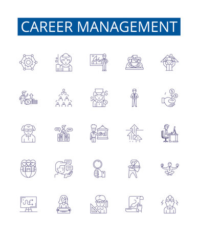 Career management line icons signs set. Design collection of Coaching, Planning, Networking, Mentoring, Education, Research, Analysis, Goal setting outline concept vector illustrationsのイラスト素材