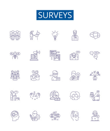 Surveys line icons signs set. Design collection of Survey, Polls, Questionnaires, Samples, Surveying, Research, Data, Studies outline concept vector illustrationsのイラスト素材