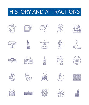 History and attractions line icons signs set. Design collection of History, Attractions, Heritage, Landmarks, Preservation, Sightseeing, Tours, Monuments outline concept vector illustrationsのイラスト素材