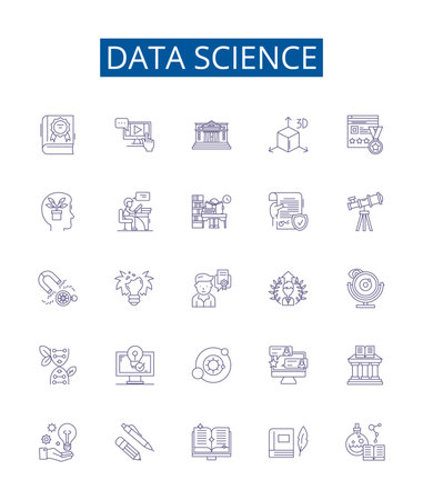 Data science line icons signs set. Design collection of Data, Science, Analysis, Modeling, Big, Machine, Learning, Algorithms outline concept vector illustrationsのイラスト素材
