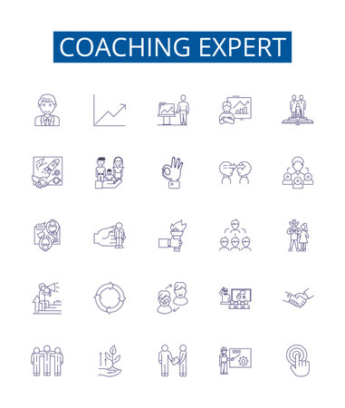 Coaching expert line icons signs set. Design collection of Mentor, Advisor, Guide, Tutor, Consultant, Facilitator, Instructor, Teacher outline concept vector illustrationsのイラスト素材