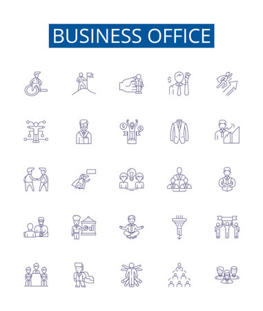 Business office line icons signs set. Design collection of Office, Business, Commercial, Desk, Furniture, Equipment, Files, Chairs outline concept vector illustrationsのイラスト素材
