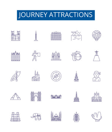 Journey attractions line icons signs set. Design collection of Destinations, Sightseeing, Adventure, Exploration, Escapade, Touring, Roam, Excursion outline concept vector illustrationsのイラスト素材