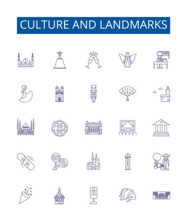 Culture and landmarks line icons signs set. Design collection of tradition, heritage, architecture, sculpture, monuments, art, ritual, folklore outline concept vector illustrationsのイラスト素材