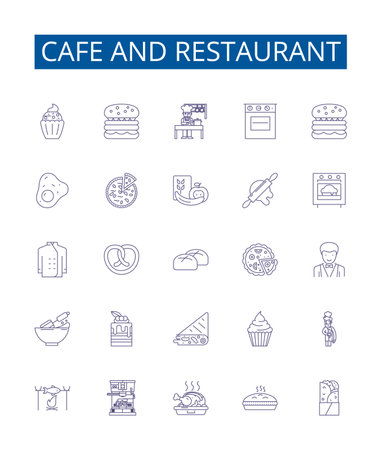 Cafe and restaurant line icons signs set. Design collection of cafe, restaurant, cuisine, menu, ingredients, recipes, preparation, presentation outline concept vector illustrationsのイラスト素材