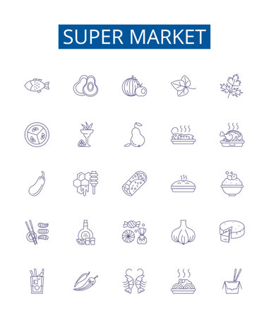 Super market line icons signs set. Design collection of Grocery, Store, Mall, Bazaar, Emporium, Outlet, Warehouse, Mart outline concept vector illustrationsのイラスト素材