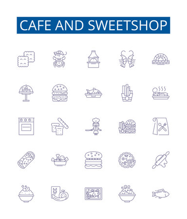 Cafe and sweetshop line icons signs set. Design collection of Cafe, Sweetshop, Dessert, Bakery, Donuts, Treats, Latte, Ice Cream outline concept vector illustrationsのイラスト素材