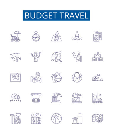 Budget travel line icons signs set. Design collection of Cheap, Budget, Affordable, Frugal, Economy, Discount, Pursue, Thrifty outline concept vector illustrationsのイラスト素材