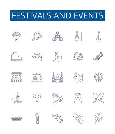 Festivals and events line icons signs set. Design collection of Parades, Galas, Concerts, Celebrations, Carnivals, Balls, Fairs, Carnivales outline concept vector illustrationsのイラスト素材