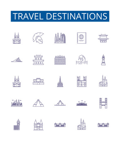 Travel destinations line icons signs set. Design collection of India, Mexico, France, Japan, Italy, Thailand, Spain, Canada outline concept vector illustrationsのイラスト素材