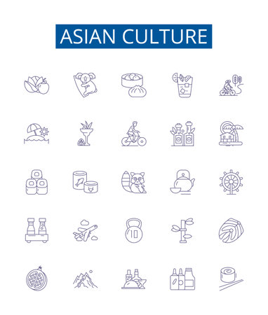 Asian culture line icons signs set. Design collection of Asian, Culture, Japan, China, India, Rice, Cuisine, Temple outline concept vector illustrationsのイラスト素材