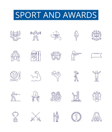 Sport and awards line icons signs set. Design collection of Sports, Awards, Competition, Medals, Trophies, Champions, Records, Excellence outline concept vector illustrationsのイラスト素材