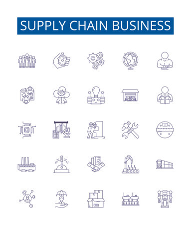 Supply chain business line icons signs set. Design collection of Distribution, Logistics, Procurement, Warehouse, Inventory, Manufacturing, Outsourcing, Shipping outline concept vector illustrationsのイラスト素材