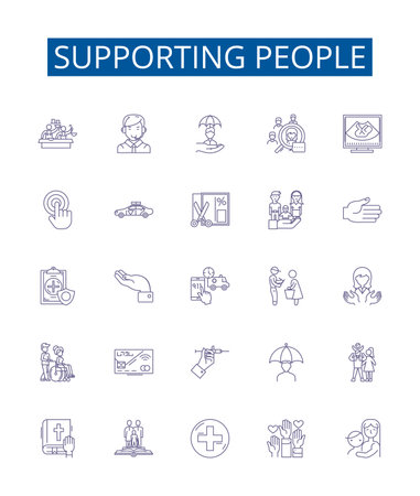 Supporting people line icons signs set. Design collection of Aid, Uplift, Assisting, Easing, Comforting, Nurturing, Championing, Helping outline concept vector illustrationsのイラスト素材