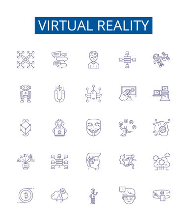 Virtual reality line icons signs set. Design collection of Virtual, Reality, Augmented, Simulation, 3D, Immersive, headset, VR outline concept vector illustrationsのイラスト素材