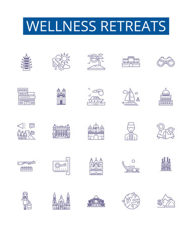 Wellness retreats line icons signs set. Design collection of Wellbeing, Retreats, Relaxation, Health, Rejuvenation, Vacation, Nature, Yoga outline concept vector illustrationsのイラスト素材