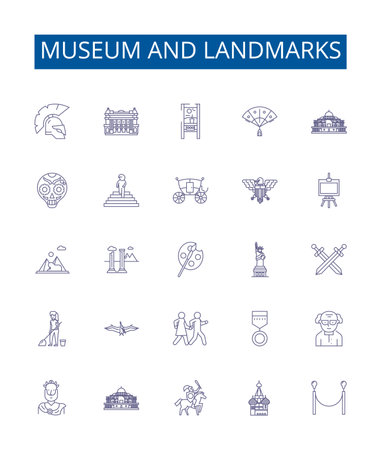 Museum and landmarks line icons signs set. Design collection of Museum, Landmarks, Historic, Sites, Monuments, Exhibit, Cultural, Heritage outline concept vector illustrationsのイラスト素材