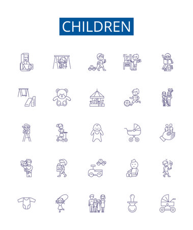 Children line icons signs set. Design collection of kids, toddlers, infants, minors, youths, offspring, cubs, babies outline concept vector illustrationsのイラスト素材