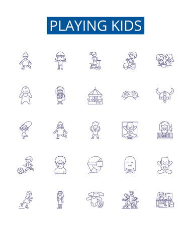 Playing kids line icons signs set. Design collection of Children, Kids, Playing, Games, Fun, Merriment, Enjoyment, Frivolity outline concept vector illustrationsのイラスト素材