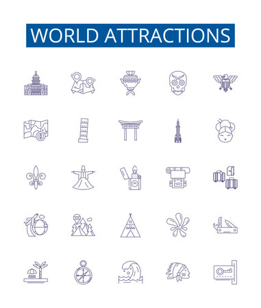 World attractions line icons signs set. Design collection of Sites, Destinations, Attractions, Monuments, Landmarks, Wonders, Ruins, Parks outline concept vector illustrationsのイラスト素材