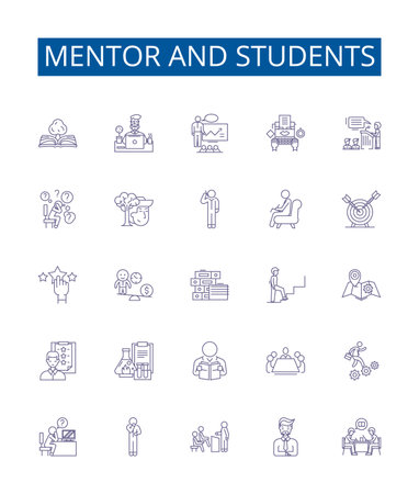 Mentor and students line icons signs set. Design collection of Mentor, Students, Guidance, Teaching, Support, Learning, Experience, Training outline concept vector illustrationsのイラスト素材