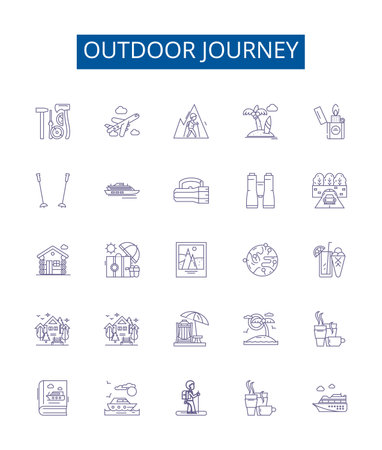 Outdoor journey line icons signs set. Design collection of Hike, Trek, Walk, Explore, Camp, Adventure, Safari, Cycle outline concept vector illustrationsのイラスト素材