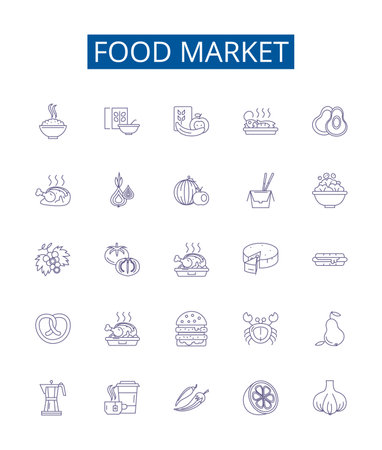 Food market line icons signs set. Design collection of Grocery, Supermarket, Produce, Co op, Deli, Foodstore, Convenience, Corner outline concept vector illustrationsのイラスト素材
