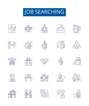 Job searching line icons signs set. Design collection of Job hunting, Job seeking, Employ seeking, Job applying, Job posting, Recruiting, Hiring, Resume writing outline concept vector illustrationsのイラスト素材