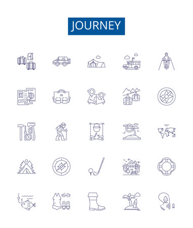 Journey line icons signs set. Design collection of Travel, Trek, Expedition, Tour, Trekking, Pilgrimage, Safari, Hike outline concept vector illustrationsのイラスト素材