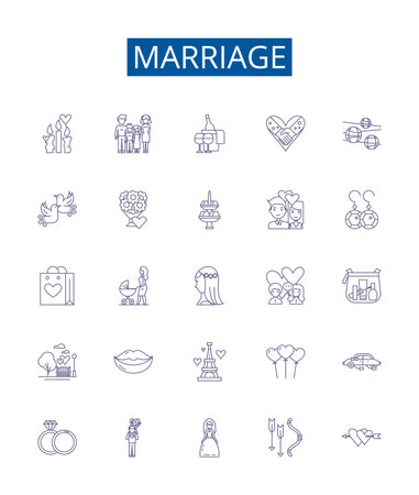 Marriage line icons signs set. Design collection of nuptials, union, wedded, wedlock, marital, matrimony, connubial, espousal outline concept vector illustrationsのイラスト素材