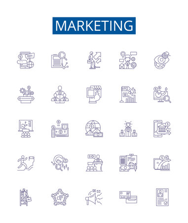 Marketing line icons signs set. Design collection of Advertising, Promotion, Selling, Branding, Publicity, Positioning, Communication, Targeting outline concept vector illustrationsのイラスト素材