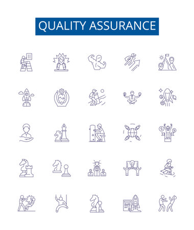Quality assurance line icons signs set. Design collection of Assurance, Quality, Reliability, Performance, Security, Validity, Defects, Standards outline concept vector illustrationsのイラスト素材