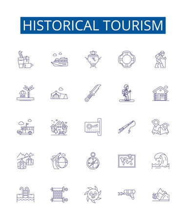 Historical tourism line icons signs set. Design collection of Heritage, cultural, antiquities, monuments, ruins, sites, Landmarks, ancient outline concept vector illustrationsのイラスト素材