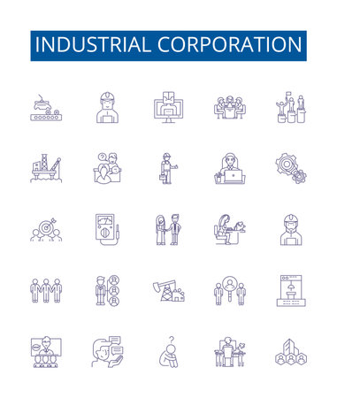 Industrial corporation line icons signs set. Design collection of Industry, Corporation, Manufacturing, Industrialization, Industry Corporation, Production, Commercially, Enterprises outline concept vector illustrationsのイラスト素材