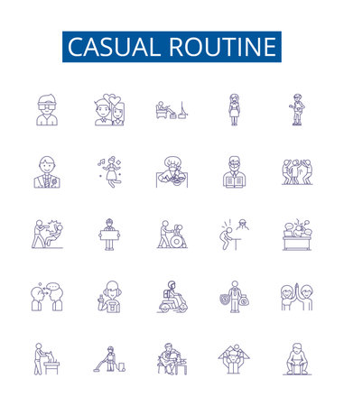 Casual routine line icons signs set. Design collection of Lax, Habitual, Ordinary, Usual, Nonchalant, Everyday, Familiar, Freestyle outline concept vector illustrationsのイラスト素材