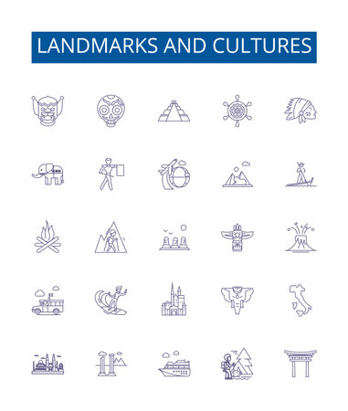 Landmarks and cultures line icons signs set. Design collection of Landmarks, Cultures, Heritage, Sites, Ruins, Attractions, Monuments, Traditions outline concept vector illustrationsのイラスト素材