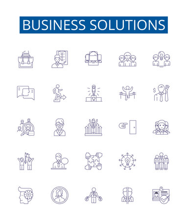 Business solutions line icons signs set. Design collection of Business, Solutions, Consulting, Management, Strategy, Planning, Technology, Services outline concept vector illustrationsのイラスト素材