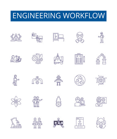Engineering workflow line icons signs set. Design collection of Engineering, workflow, design, process, optimisation, automation, planning, development outline concept vector illustrationsのイラスト素材