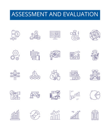 Assessment and evaluation line icons signs set. Design collection of assessment, evaluation, analysis, measurement, feedback, review, rating, testing outline concept vector illustrationsのイラスト素材