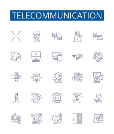 Telecommunication line icons signs set. Design collection of Telecom, Networking, Communication, Transmission, Wireless, VoIP, Radio, Antenna outline concept vector illustrationsのイラスト素材