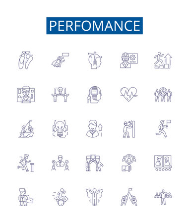Perfomance line icons signs set. Design collection of Performance, Productivity, Efficiency, Accomplishment, Competence, Competency, Skill, Success outline concept vector illustrationsのイラスト素材
