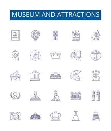 Museum and attractions line icons signs set. Design collection of Museum, Attractions, Heritage, Art, Culture, Exhibitions, Galleries, Architecture outline concept vector illustrationsのイラスト素材
