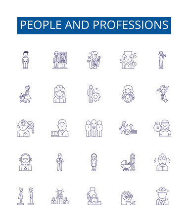 People and professions line icons signs set. Design collection of People, Professions, Nurse, Teacher, Lawyer, Pilot, Chef, Artist outline concept vector illustrationsのイラスト素材