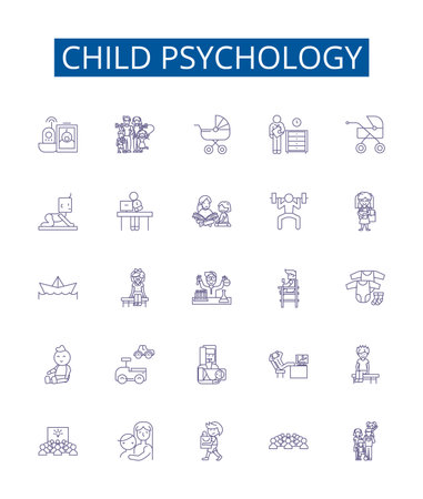 Child psychology line icons signs set. Design collection of Child, Psychology, Development, Mental, Cognitive, Behaviour, Emotional, Attachment outline concept vector illustrationsのイラスト素材