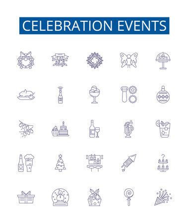 Celebration events line icons signs set. Design collection of Festivities, Fete, Gala, Jubilee, Occasion, Ceremony, Carnival, Pageant outline concept vector illustrationsのイラスト素材