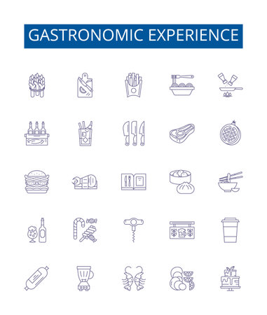 Gastronomic experience line icons signs set. Design collection of Cuisine, Epicurean, Delightful, Palatable, Savory, Tasty, Flavorful, Exquisite outline concept vector illustrationsのイラスト素材