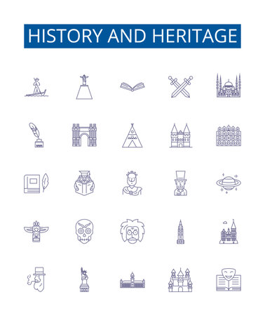 History and heritage line icons signs set. Design collection of Heritage, History, Culture, Ancestry, Tradition, Legacy, Memory, Ancestors outline concept vector illustrationsのイラスト素材