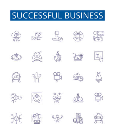 Successful business line icons signs set. Design collection of Profitable, Rewarding, Fulfilling, Lucrative, Remunerative, Thriving, Booming, Flourishing outline concept vector illustrationsのイラスト素材