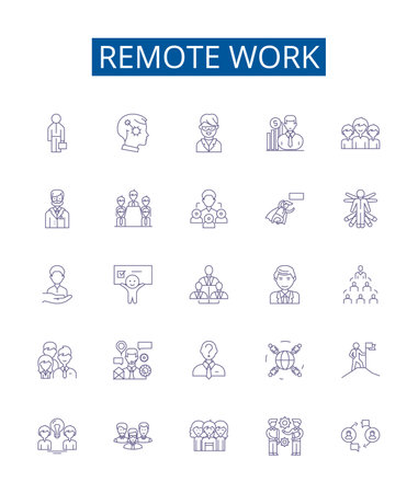 Remote work line icons signs set. Design collection of Remote, Work, Telecommuting, Virtual, Distant, Digital, Offsite, Online outline concept vector illustrationsのイラスト素材